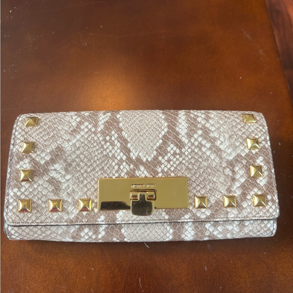 Michael Kors Cream and Gold Clutch with Textured Elegance